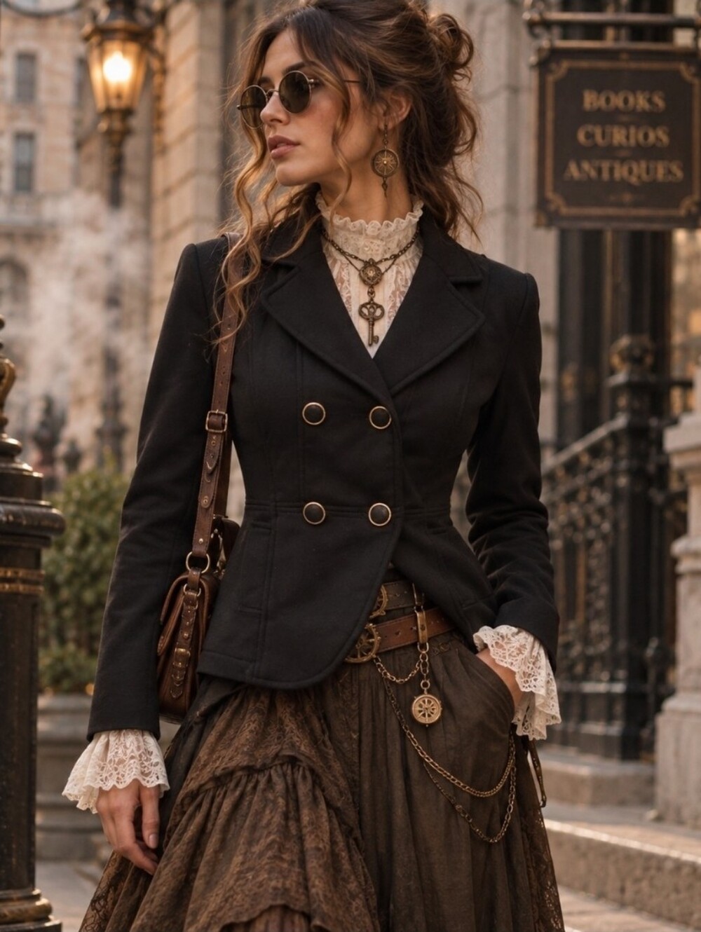 Steampunk Black Double-Breasted Jersey Knit Fitted Blazer with Gold Buttons M
